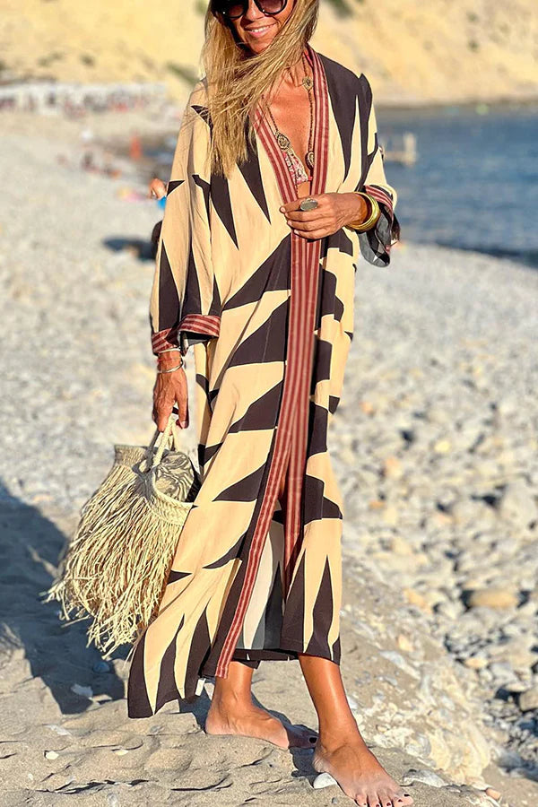 Vintage Pattern Open Front Loose Duster Kimono Cover Up Black