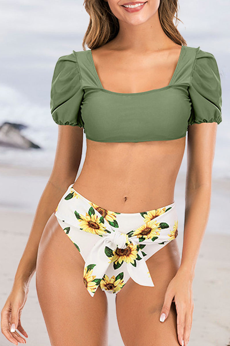 Knot Design Bubble Sleeve White Two pieces Swimsuit Green