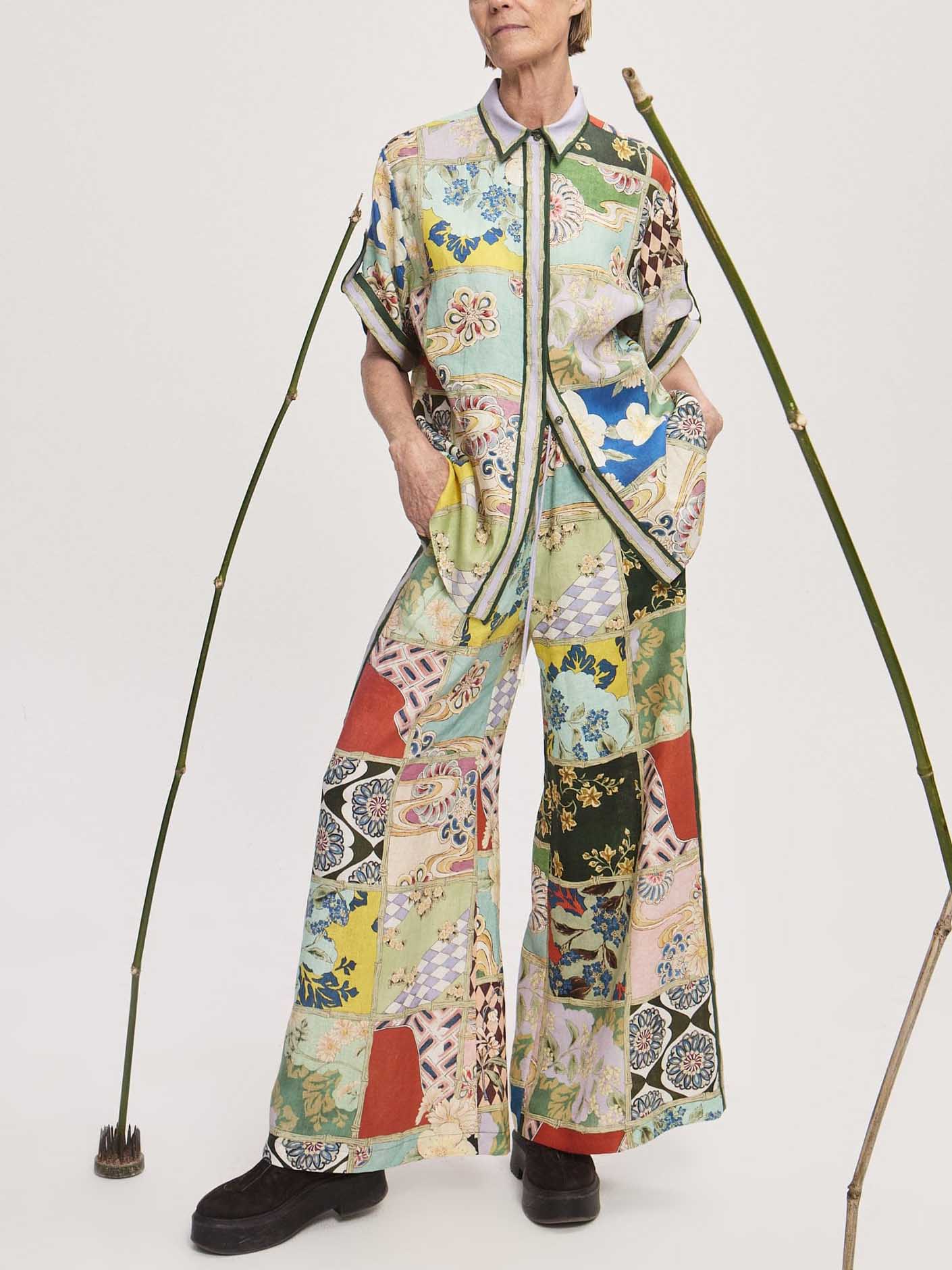 Vintage Artisan Patchwork-Print Hose mit weitem Bein