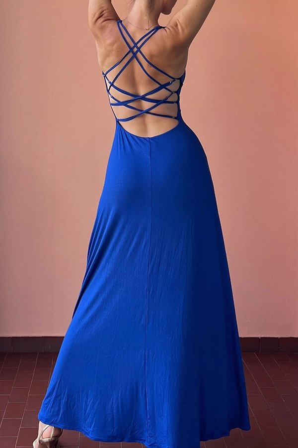 Another Most Beautiful Date Back Lace-up Stretch Maxi Dress Blue