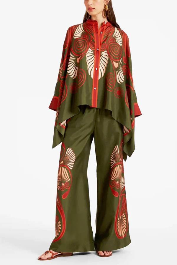 Fine Satin Floral Print Batwing Sleeve Pants Set - Dark green Dark green One Size
