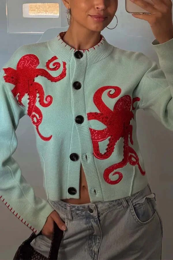 Coastal Fashion Knit Octopus Graphic Contrast Piping Button Up Loose Cardigan