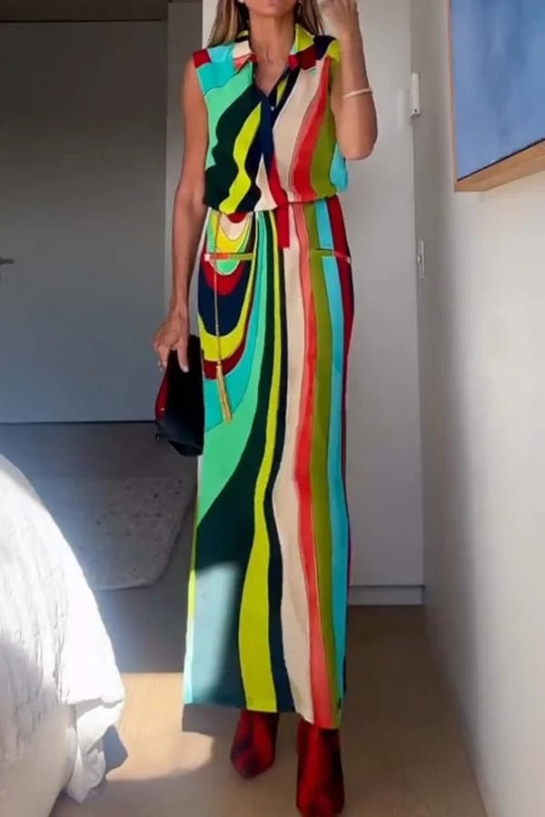 Robe longue à imprimé coloré, audacieuse et élégante, boutonnée, avec poche et fente en H 