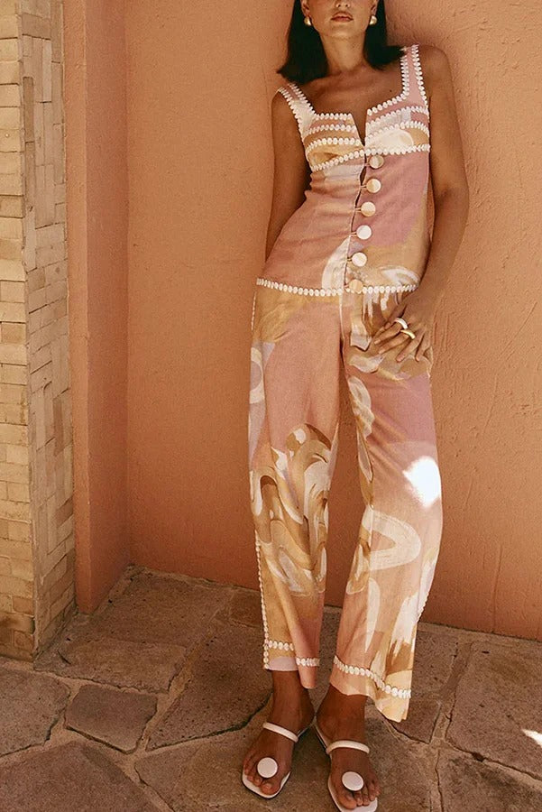 European Summer Linen Blend Ric Rac Trims High Rise Pocket Loose Pants