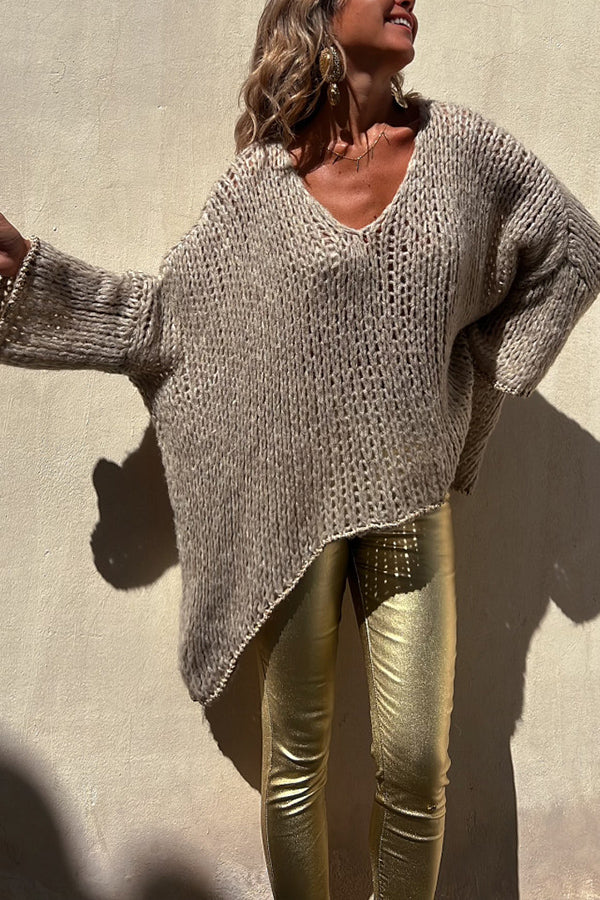 Chill Touch Knit Stripe Trim Loose Pullover Sweater Taupe