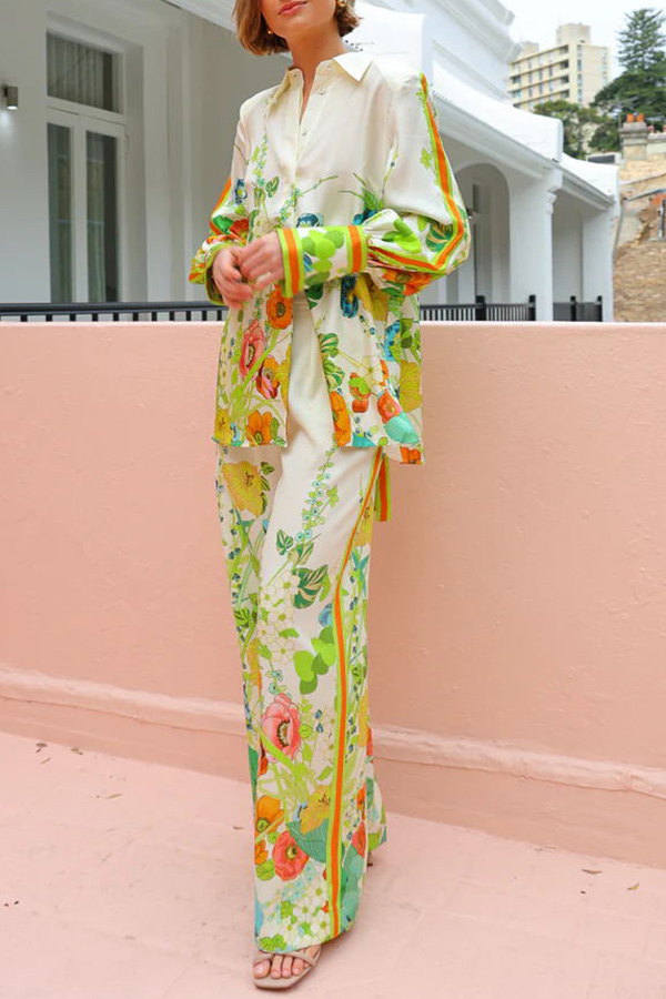 Satin Floral Print Back Tie-up Button Down Oversized Blouse Multicolor