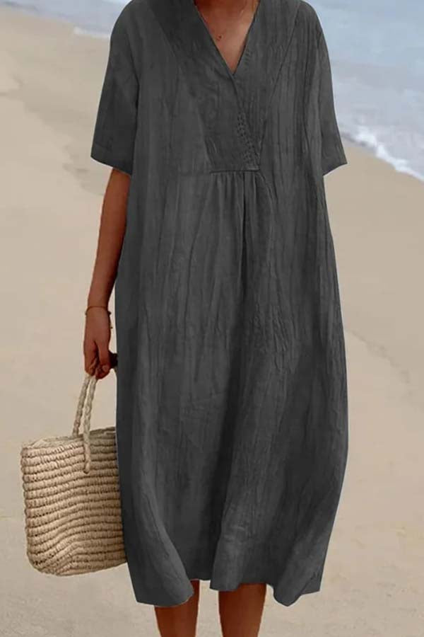 Loose Short Sleeved Solid V-Neck Dress Dark Grey