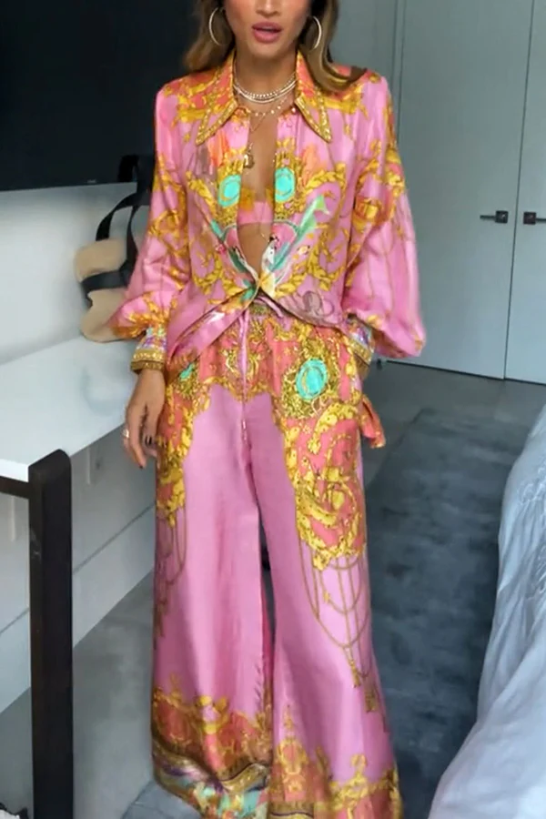 Mermaid Motel Unique Print Long Sleeve Loose Shirt and Elastic Waist Pants Set Pink