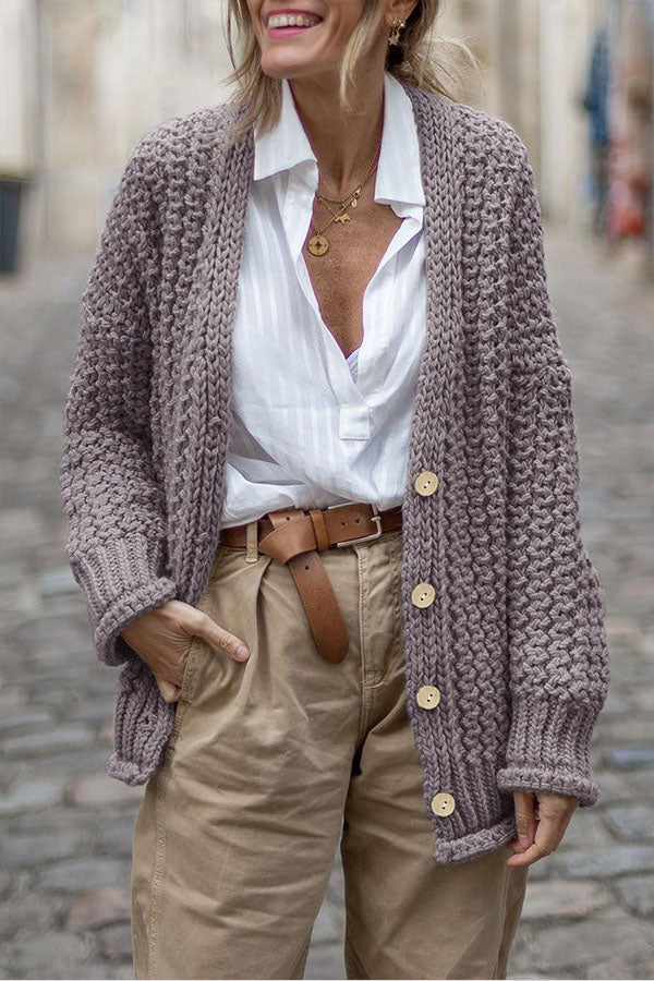 Button Front Chunky Knit Oversized Cardigan Apricot