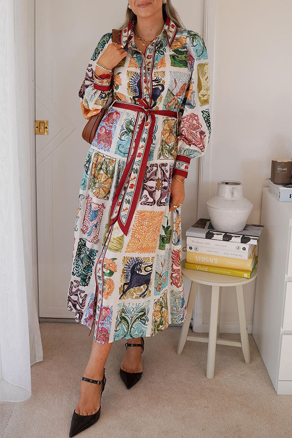 Wond A Land Unique Print Balloon Sleeve Belt Pocketed Shirt Midi Dress Multicolor