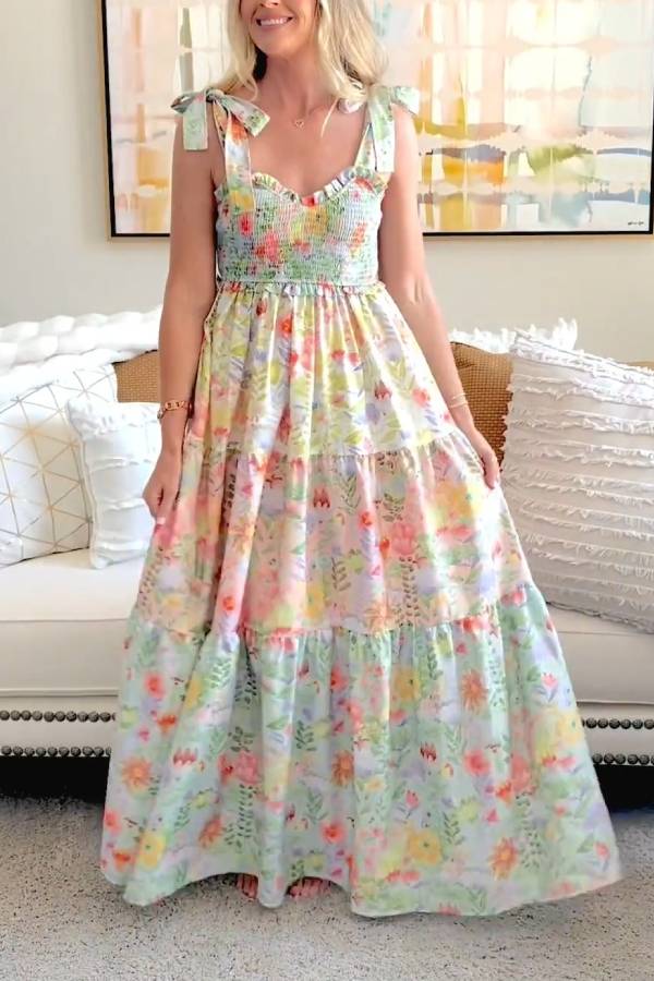 Fresh Floral Shirred Tie-Strap Maxi Dress for Beach Vacation & Garden Parties