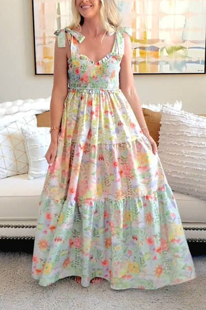 Fresh Floral Shirred Tie-Strap Maxi Dress for Beach Vacation & Garden Parties