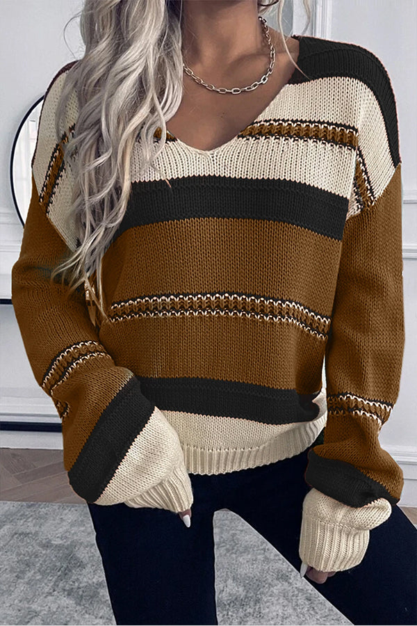 Peach Blossom Striped Pattern Knit V Neck Sweater COFFEE