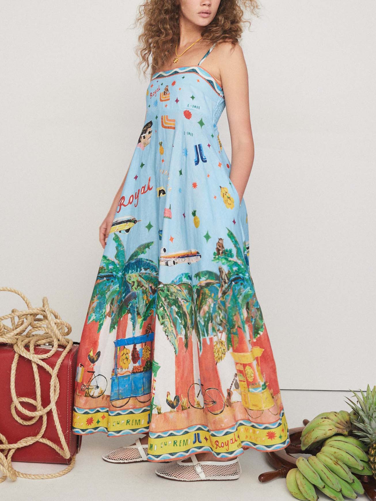 Einzigartiges A-Linien-Midikleid mit bemaltem Insel-Print