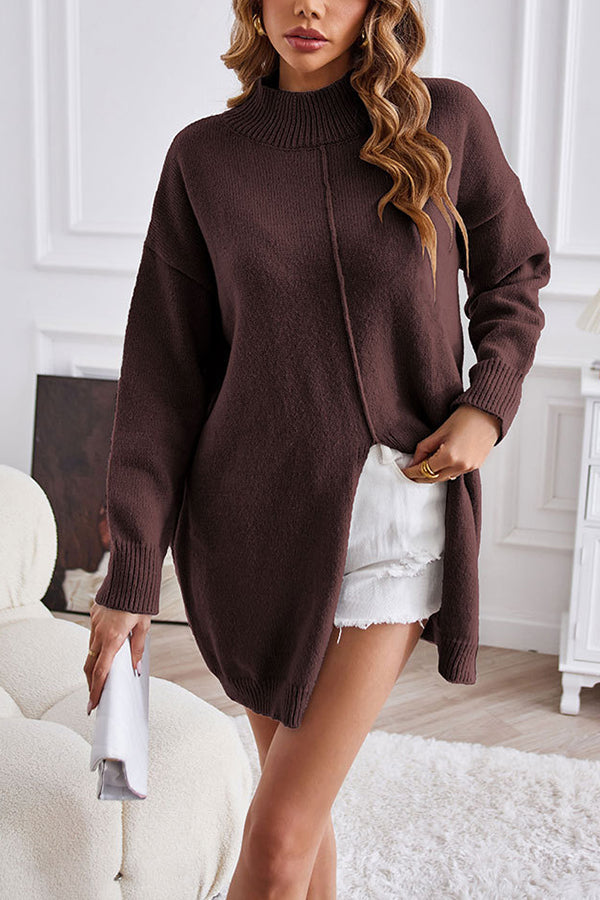 Solid color half turtleneck pullover sweater fashionable mid-length slit dress Red coffee color
