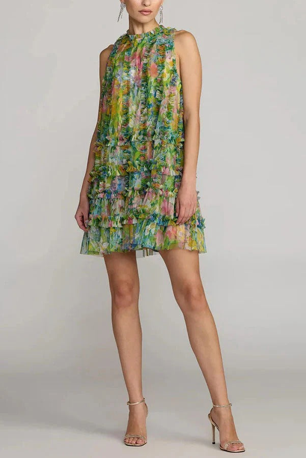 Lorei Mesh Floral Print High Neck Sleeveless Ruffle Trim A-line Mini Dress