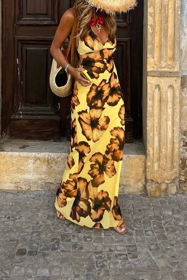 Yellow Floral Halter Long Dress