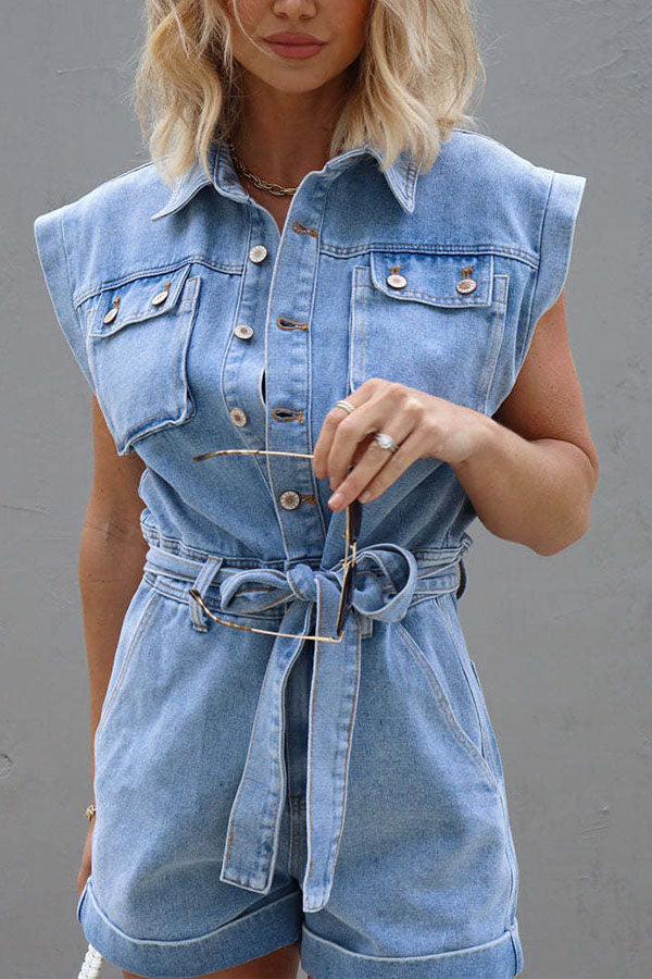 District Utility Denim Button Up Pocket Belted Romper