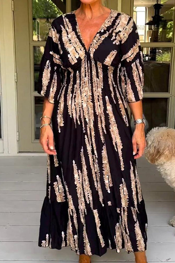 Retro 3/4 Sleeve Print Midi Dress Black