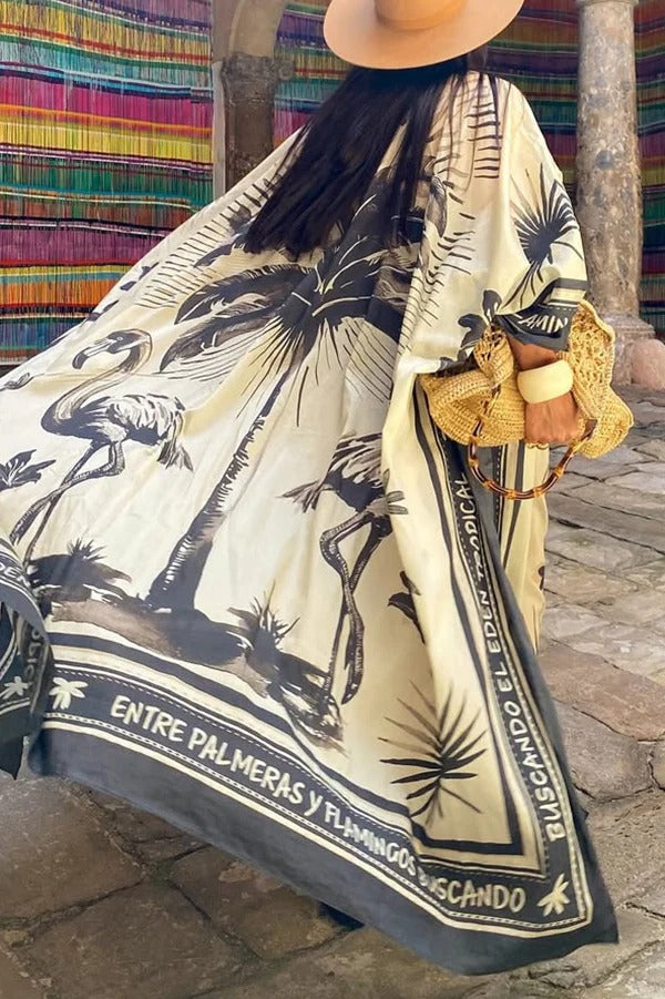 Flora Flamingo Print V-neck Loose Holiday Maxi Dress