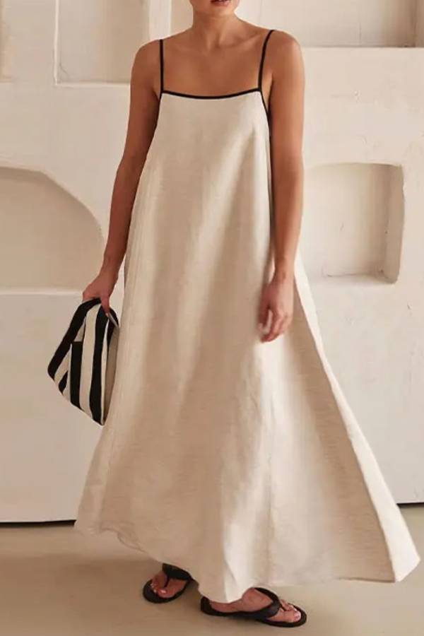 Linen Midi Dress with Spaghetti Straps Beige