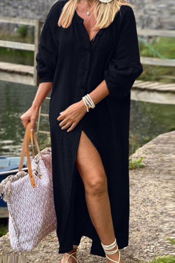 Cotton Leaf Long Solid Button Down Shirt Black