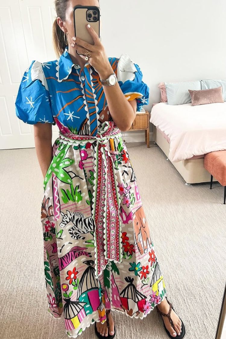 Daliah Unique Printed Wave Lace Puff Sleeves Loose Pocket Maxi Dress