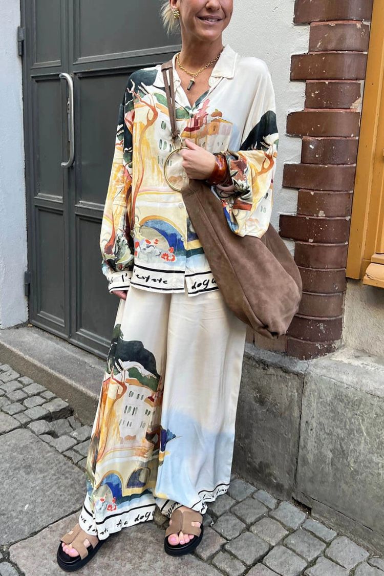 Ellison Unique Print Button Up Long Balloon Sleeve Loose Blouse