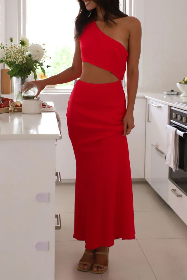 Solid Color Sexy One Shoulder Off Waist Maxi Dress