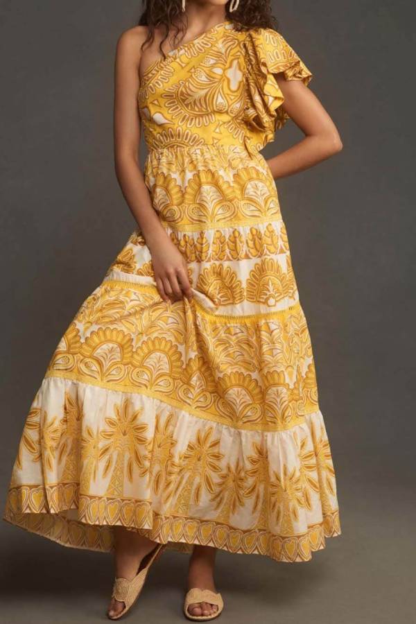 Exquisite Unique Print One Shoulder Ruffle Sleeve Tiered Maxi Dress Yellow