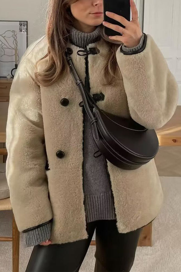 Round Neck Long Sleeve Faux Fur Coat Khaki