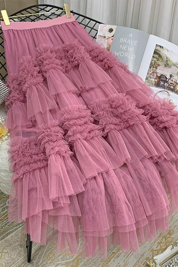 Elegant Mood Tulle Pleated Ruffle Elastic Waist Tiered Midi Skirt Pink