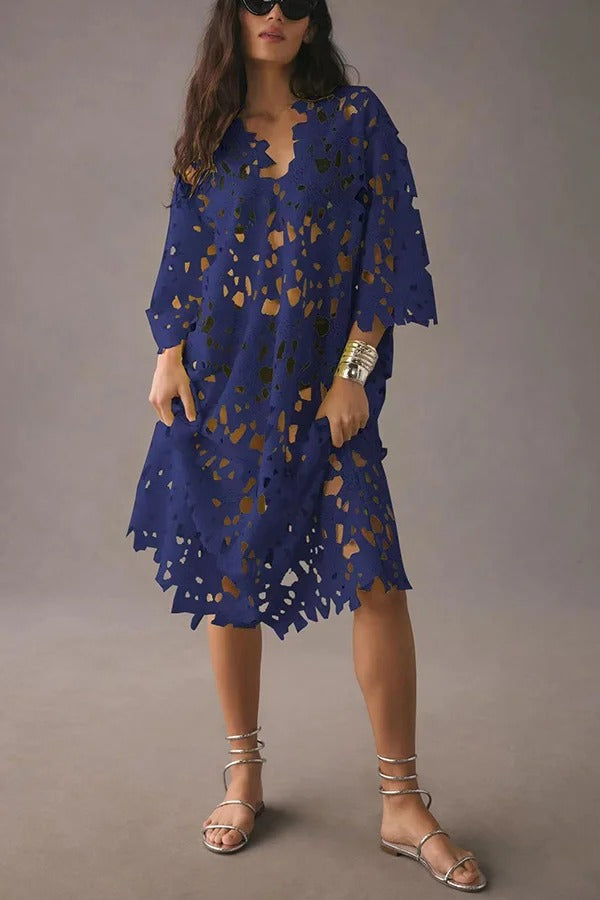 I Belong Here Floral Eyelet Lace Cover Up Beach Midi Dress Navy ONE SIZE