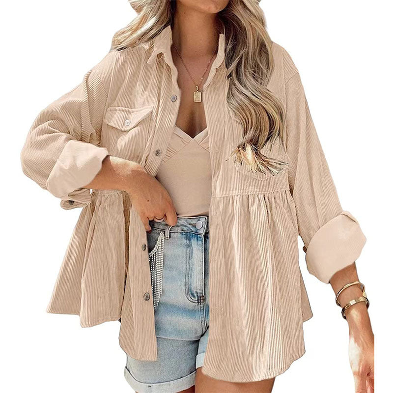 women's long sleeve corduroy ruffled shirt top button down shirt Beige
