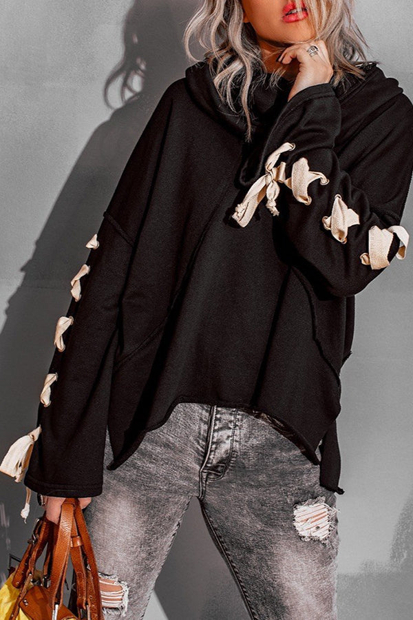 Lace Up Hooded Dolman Sleeve Hoodie