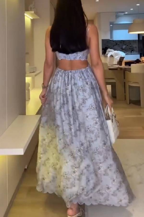 Coralie Floral Print Wavy Trim Cutout Back Smocked Maxi Dress