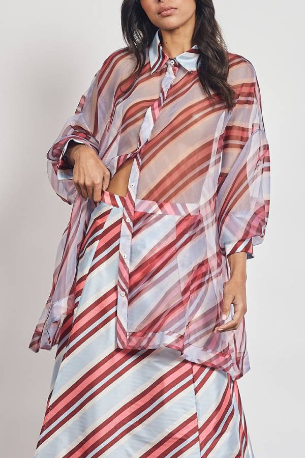 Brighter Days Sheer Organza Striped Tie-up Oversized Blouse