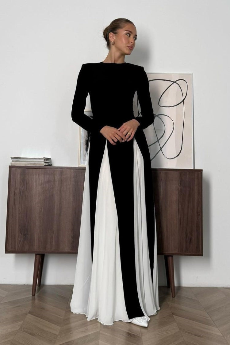 Contrast color double-layered tulle long-sleeved maxi dress Black