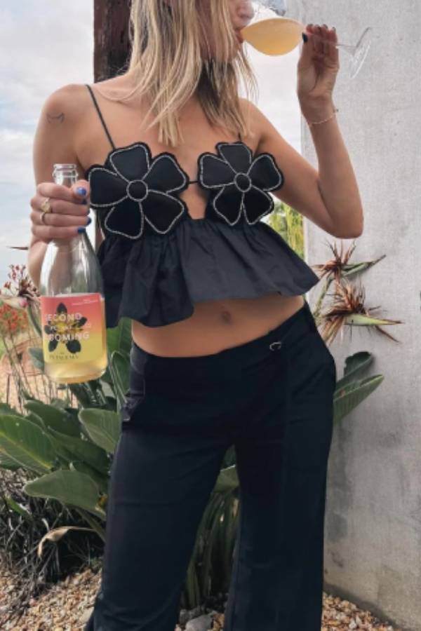 Crystal Diamond Applique Tie Back Top Black