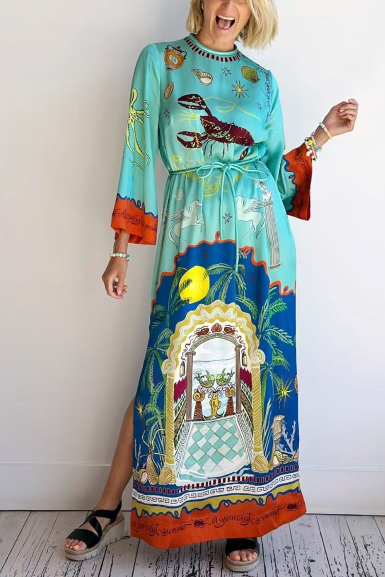 Satin Unique Print Long-sleeve Tie-waist Slit Maxi Dress Blue