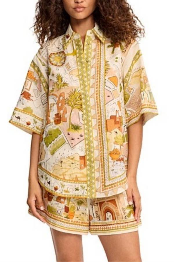 Retro Map Print Loose Shirt & Shorts Two-Piece Set