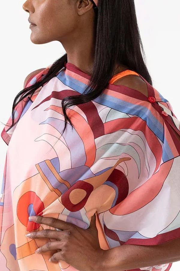 Horse Island – Lockeres Minikleid aus Tüll mit einzigartigem Print und One-Shoulder-Träger und Knopfdetail