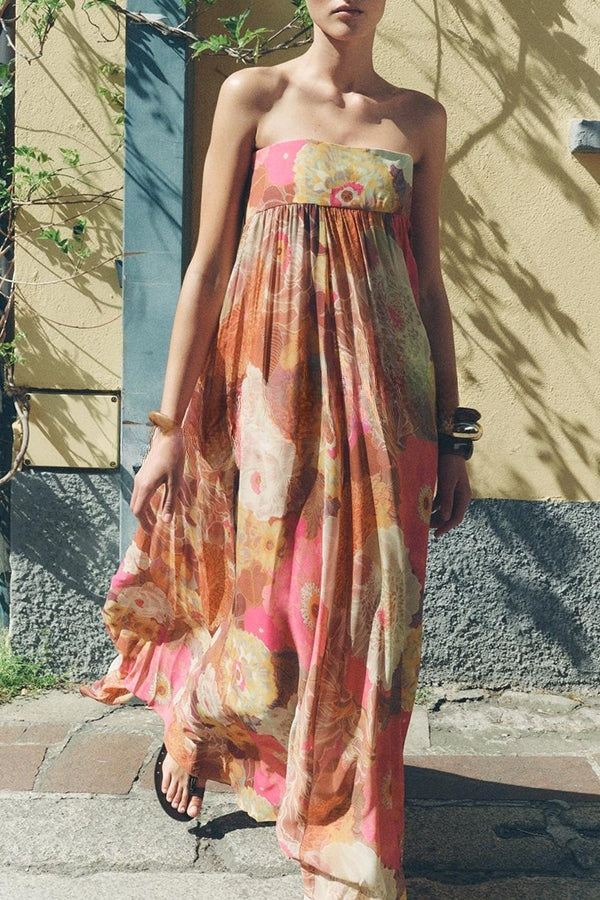 Shelia Ethnic Floral Print Off Shoulder A-line Maxi Dress