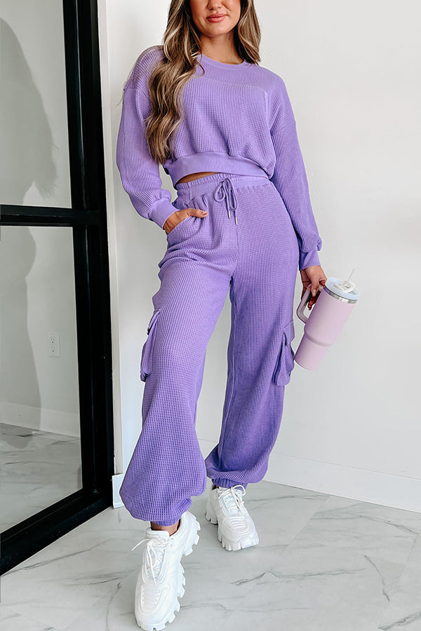 Weekend Hangs Waffle Knit Pullover and Pocket Pants Loungewear Set