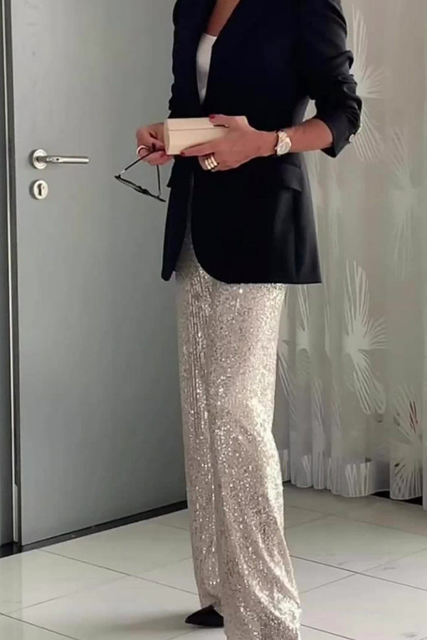 Solid color sequined fashionable casual straight pants champagne