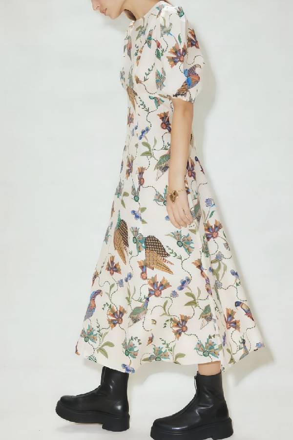 Vintage Floral & Bird Print Puff-Sleeve Waisted Midi Dress