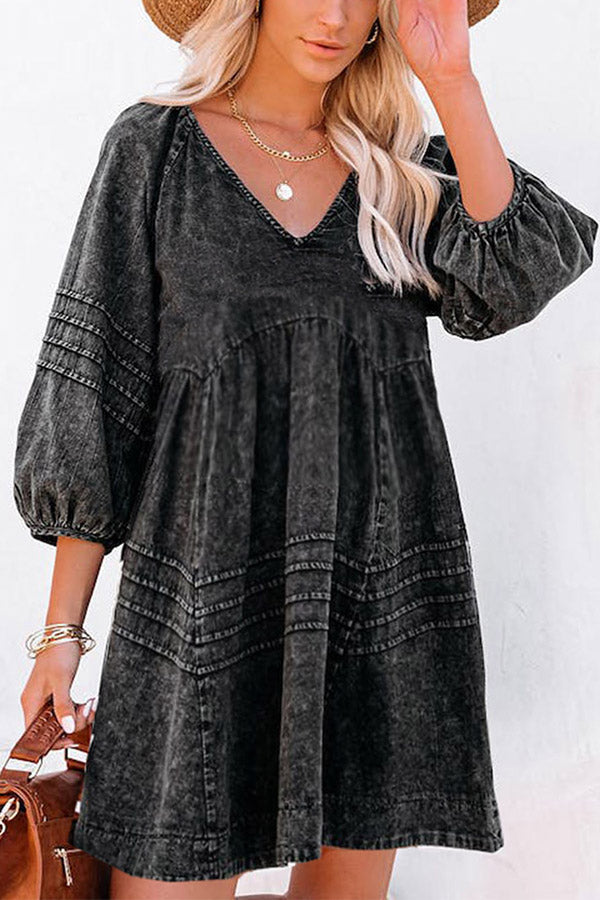 Black Dark Wash Empire Waist V Neck Denim Dress Black