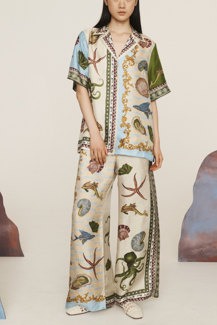 Deep Sea Dreaming Satin Unique Print Short Sleeve Shirt and Elastic Waist Pocketed Pants Set