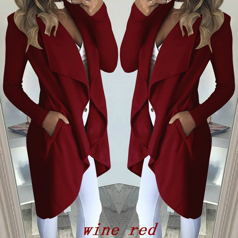 Fashion Solid Color Lapel Slim Long Windbreaker Jacket wine red