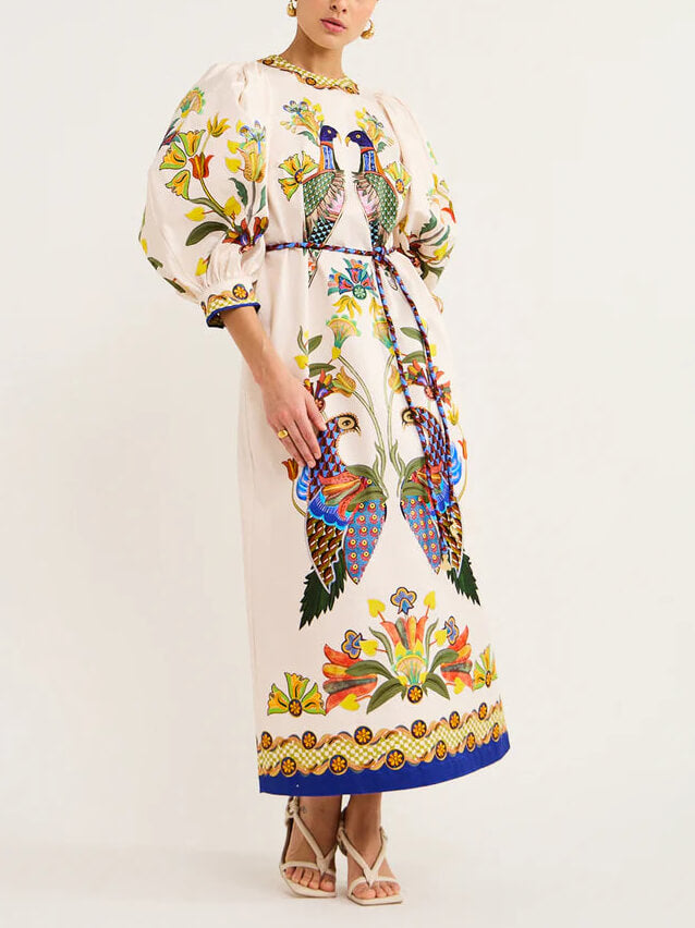 Robe midi ample et décontractée à manches bouffantes, imprimée, exquise et amusante